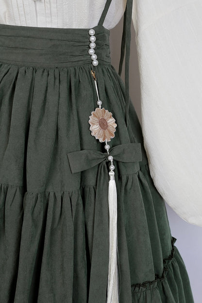 Sunflowers Embroidery Set + Tiered Sunflower Blouse Skirt Green with Charm Beige