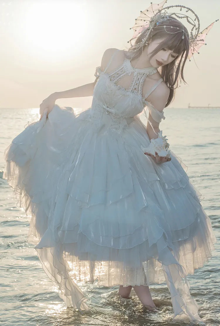 JSK カスケードコルセット レイヤード プリンセス ホワイト シロ フリル ロリータ スカート トリム ドレス