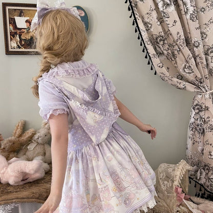 Süßes Lolita-Overallkleid mit abnehmbarer Kapuze und Einhorn und Dessert, Lila