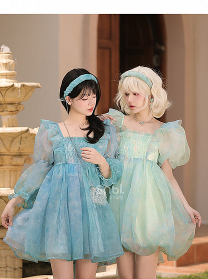 Grünes Kleid mit kurzen/langen Ärmeln und kurzer Schleife und süßer abnehmbarer Version, groß