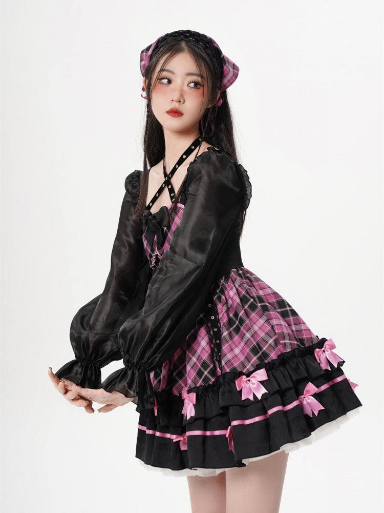 Neckholder-Rosa-Kariertes Langarm-Einteiler-Idol-Kleid