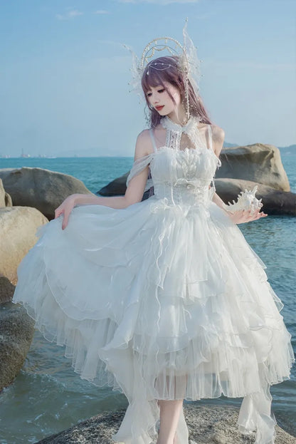 JSK カスケードコルセット レイヤード プリンセス ホワイト シロ フリル ロリータ スカート トリム ドレス