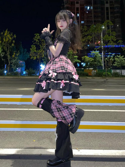 Neckholder-Kleid mit Schnürung und rosa Karomuster, einteilig, Idol-Kleid