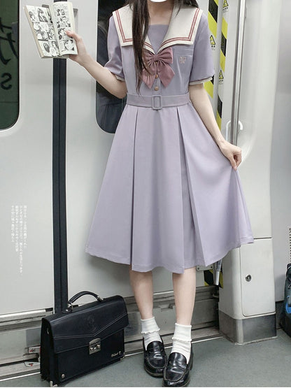Light Purple Embroidered JK Uniform Sailor Dress - Walnut JK