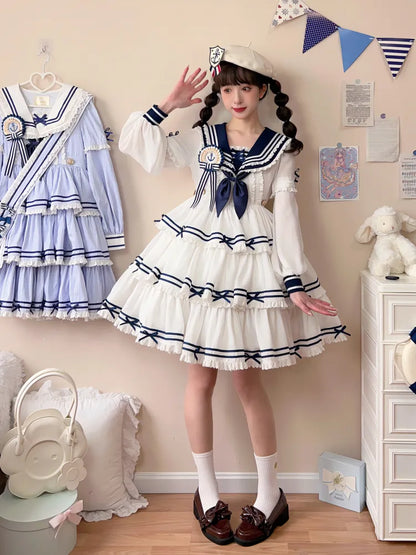 Komplettes Matrosen-Lolita-Rock-Set, Sommerkleid, gestuft, weiß, OP