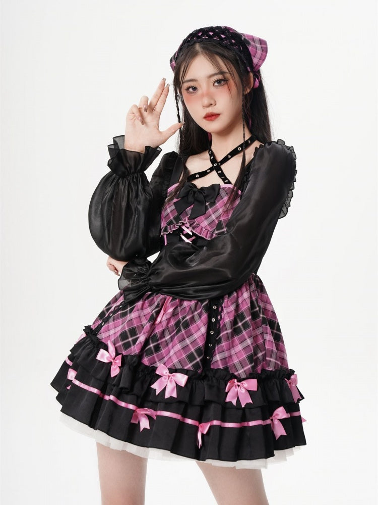 Neckholder-Rosa-Kariertes Langarm-Einteiler-Idol-Kleid