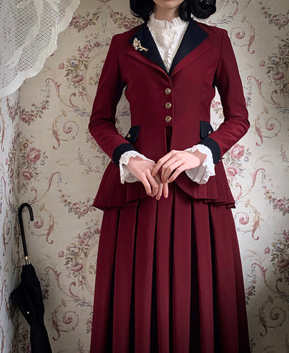 プラスサイズ対応 - ワインレッドのプリーツディテールブレザースカートセット