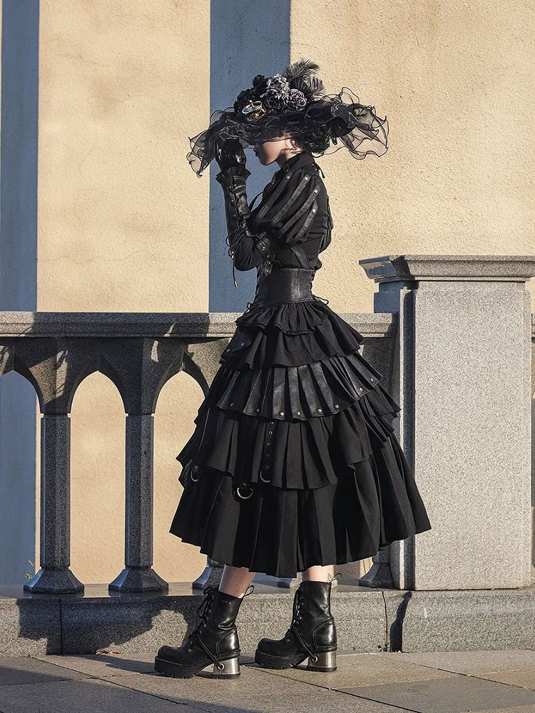 Black Gothic Lolita Shirt, Juliette Sleeves Steampunk Top, Plus Size - FOXTROT
