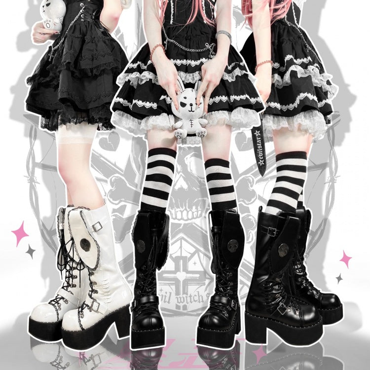 Bad Bunny レーストリム バニーイヤー ホワイト PU ゴシック プラットフォームブーツ