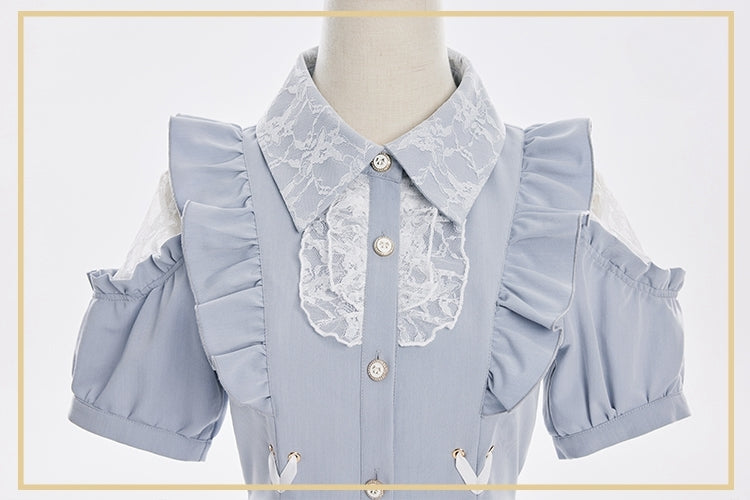 Coord Shorts with Kei Lace Set: Top Alice Cut-Out Brooch Bow Jirai Shoulder Blue