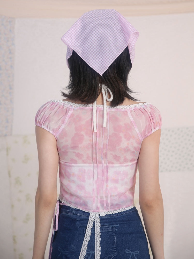 Rosafarbenes Top mit V-Ausschnitt und floralem Spitzenbesatz