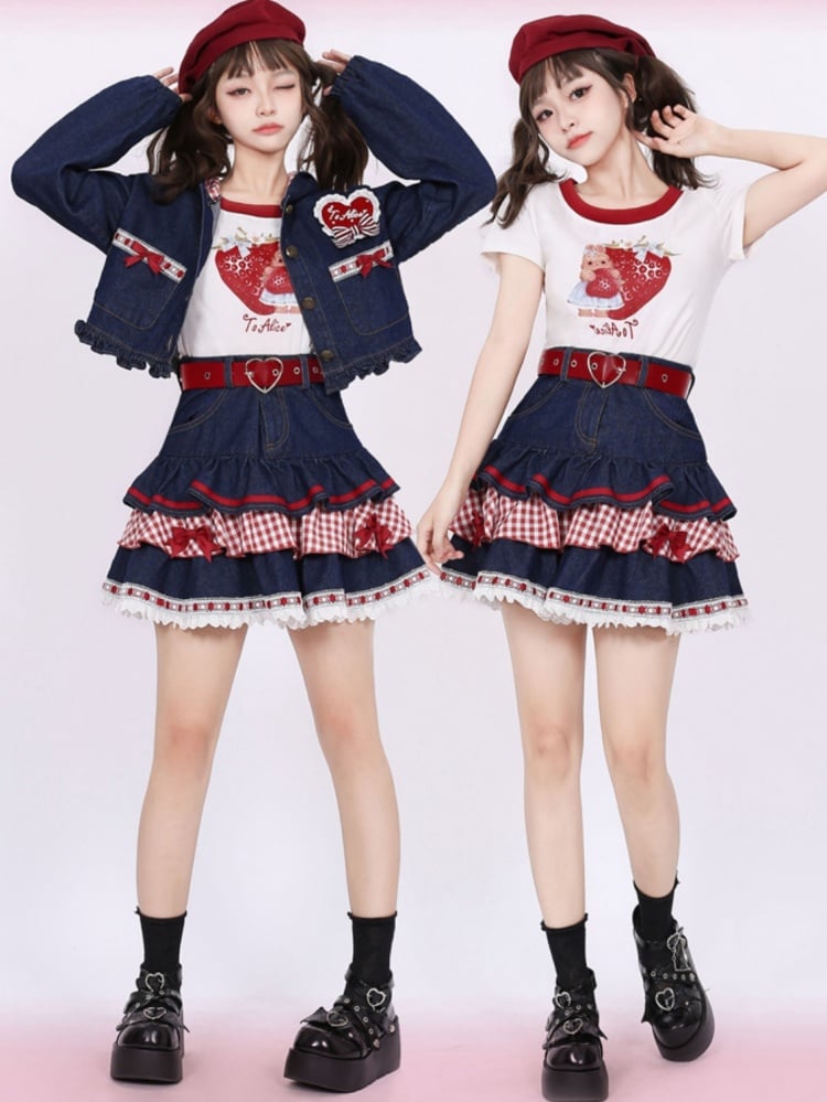 Marineblauer Spitzensaum mit Schleifenakzenten, gestufter Denim-Rock mit kariertem Patchwork