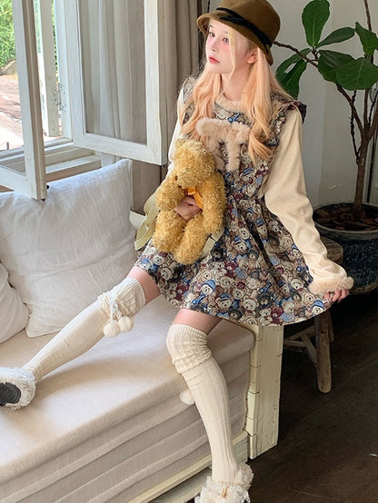 Dress with Plush Bowknot Faux Two-Piece Design Vintage Bear Print Brown