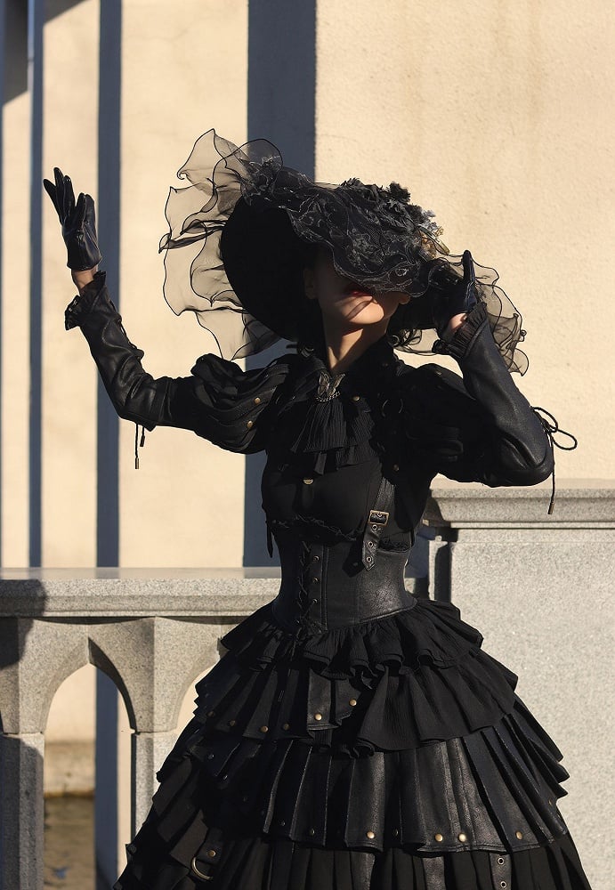 Black Gothic Lolita Shirt, Juliette Sleeves Steampunk Top, Plus Size - FOXTROT