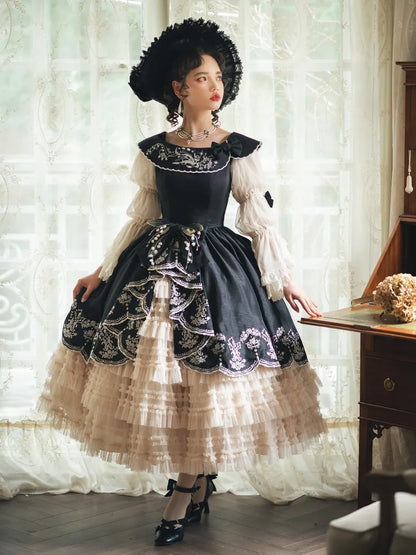 Lily Stickerei Kleid Beige Lolita Valley of Black Classic die