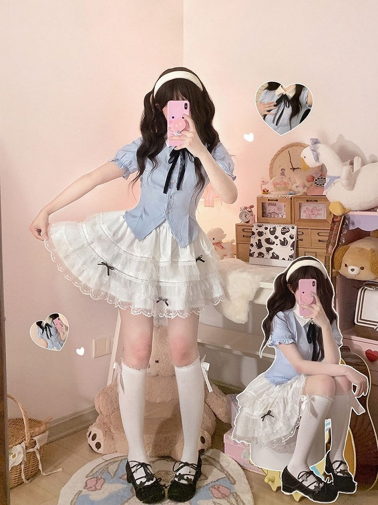 Rock mit Schleifen-Spitzenbesatz, gestuft, Schwarz/Weiß, mit Details