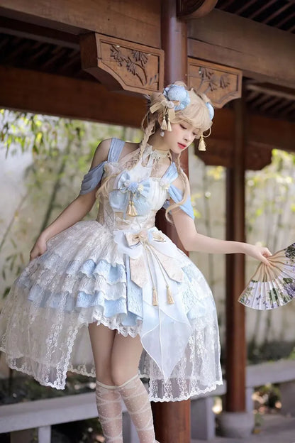 バスクブルー取り外し可能なロリータネックQiホルタードレスウエストティアードスカート