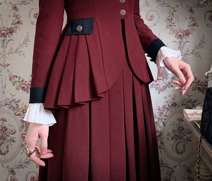 プラスサイズ対応 - ワインレッドのプリーツディテールブレザースカートセット