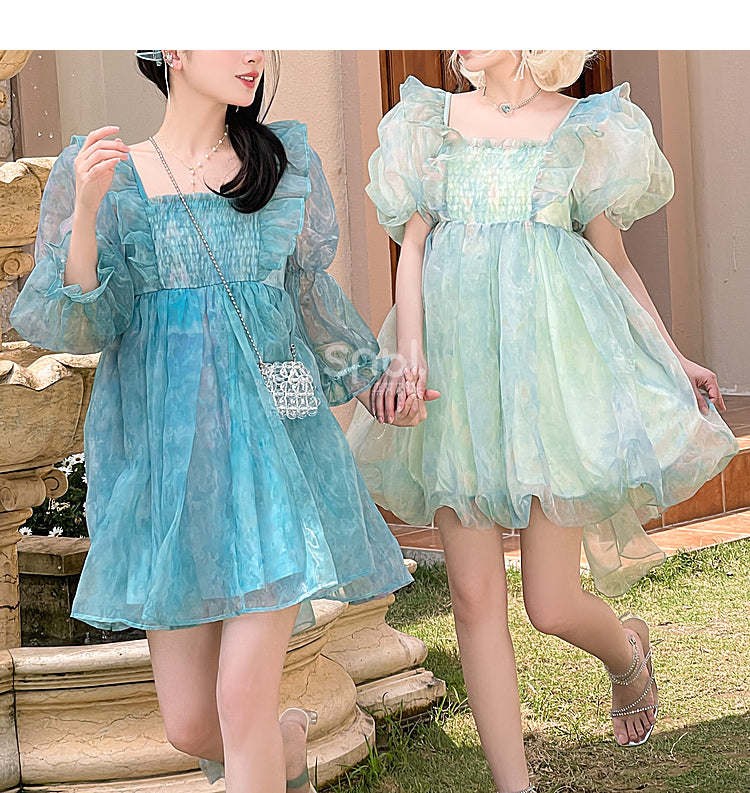 Grünes Kleid mit kurzen/langen Ärmeln und kurzer Schleife und süßer abnehmbarer Version, groß