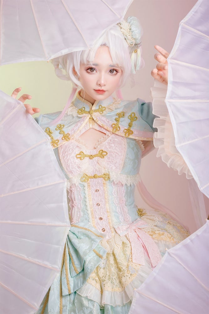Light Green and Pink Chinoiserie Style Corset Dress Qi Lolita JSK Set