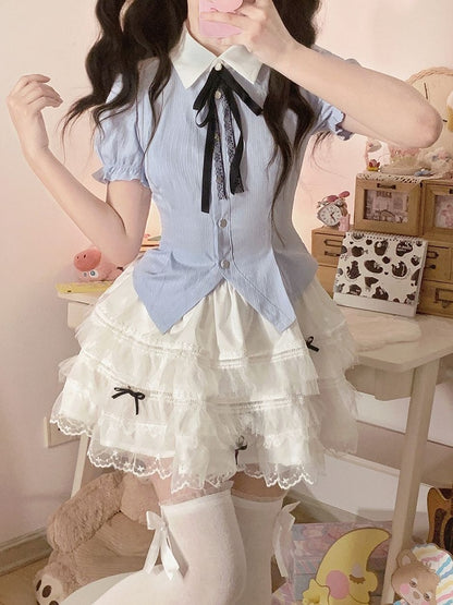 Hemd Puffärmel Blau Süß Gestreift