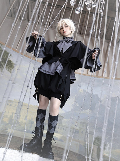 ロリータシャツ グレー 詩人袖 フリル ファッション 王子ネックライン ビショップ