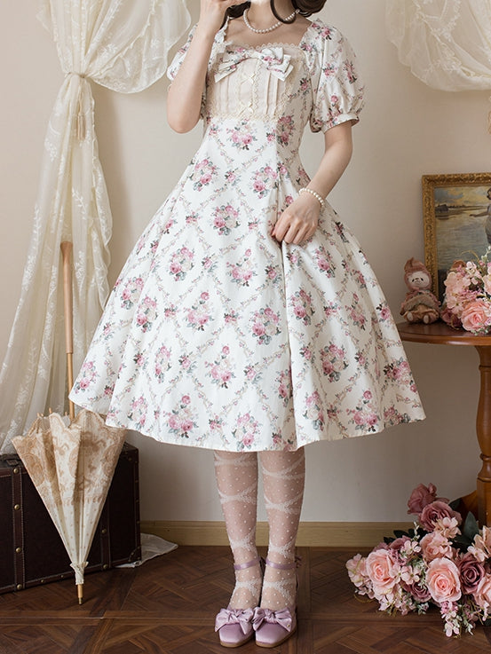 Kleid Square Fashion Print Weißer Ausschnitt Lolita Floral Off Elegant