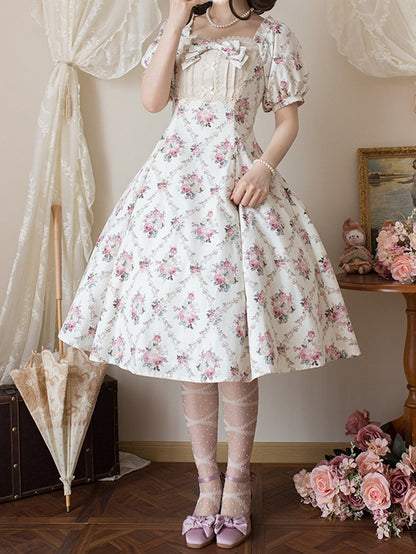 Kleid Square Fashion Print Weißer Ausschnitt Lolita Floral Off Elegant