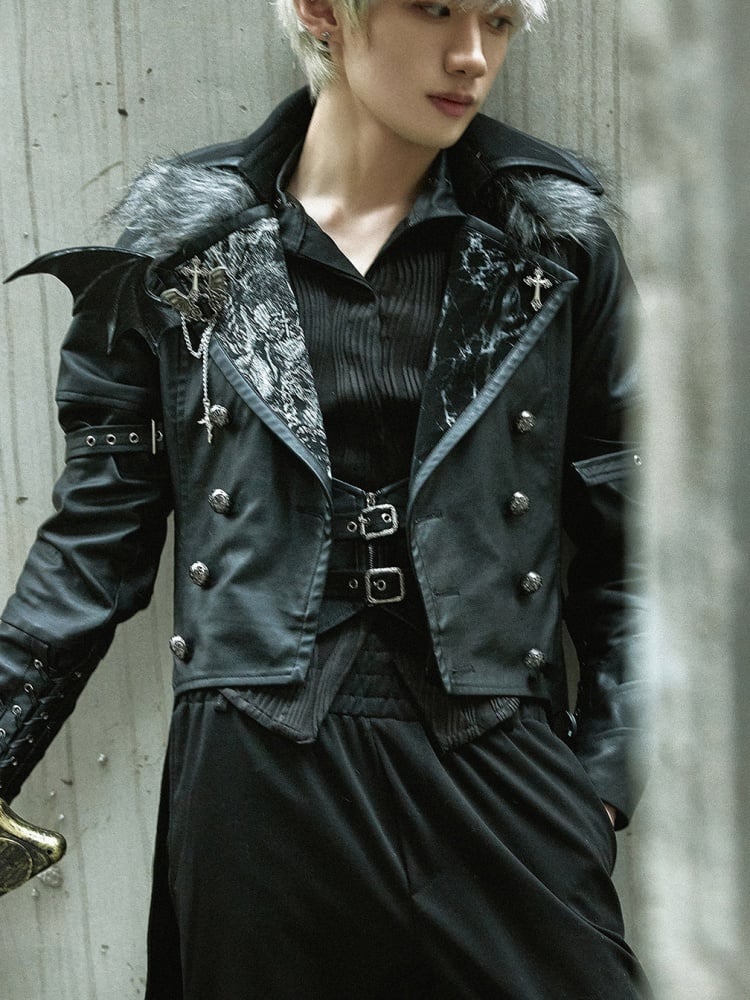 ドラゴンズブレス ブラックフェイクファーカラー PUレザートレンチコート