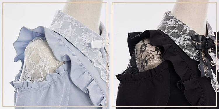 Coord Shorts with Kei Lace Set: Top Alice Cut-Out Brooch Bow Jirai Shoulder Blue