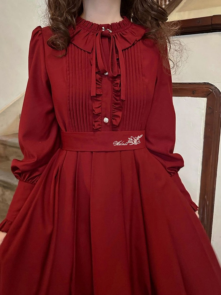 Ruffle Vintage Red Bishop Neckline Wine Dress Sleeves