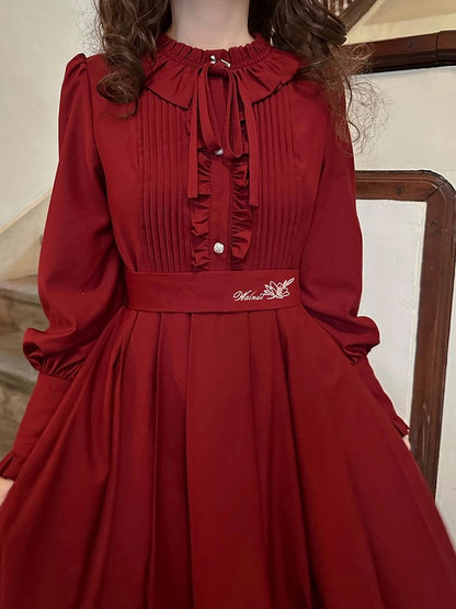 Ruffle Vintage Red Bishop Neckline Wine Dress Sleeves