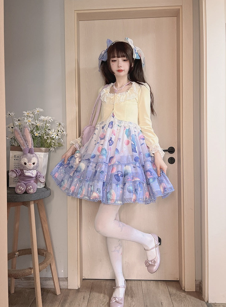 Light with Lace Edging Yellow Cropped Cardigan Triple Bow-Detailed Design