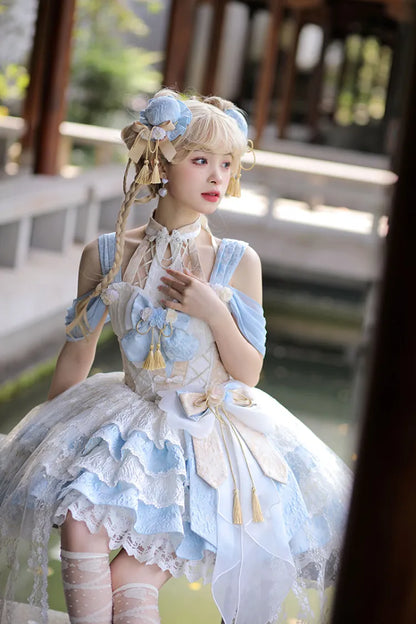 バスクブルー取り外し可能なロリータネックQiホルタードレスウエストティアードスカート