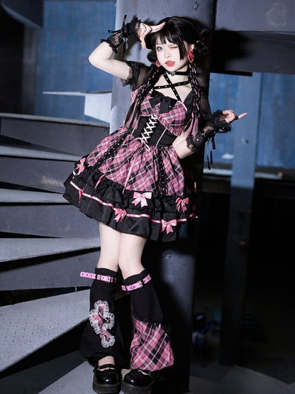 Neckholder-Kleid mit Schnürung und rosa Karomuster, einteilig, Idol-Kleid