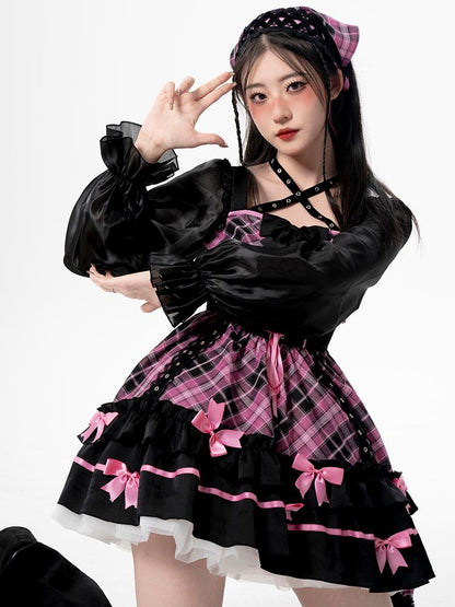 Neckholder-Rosa-Kariertes Langarm-Einteiler-Idol-Kleid