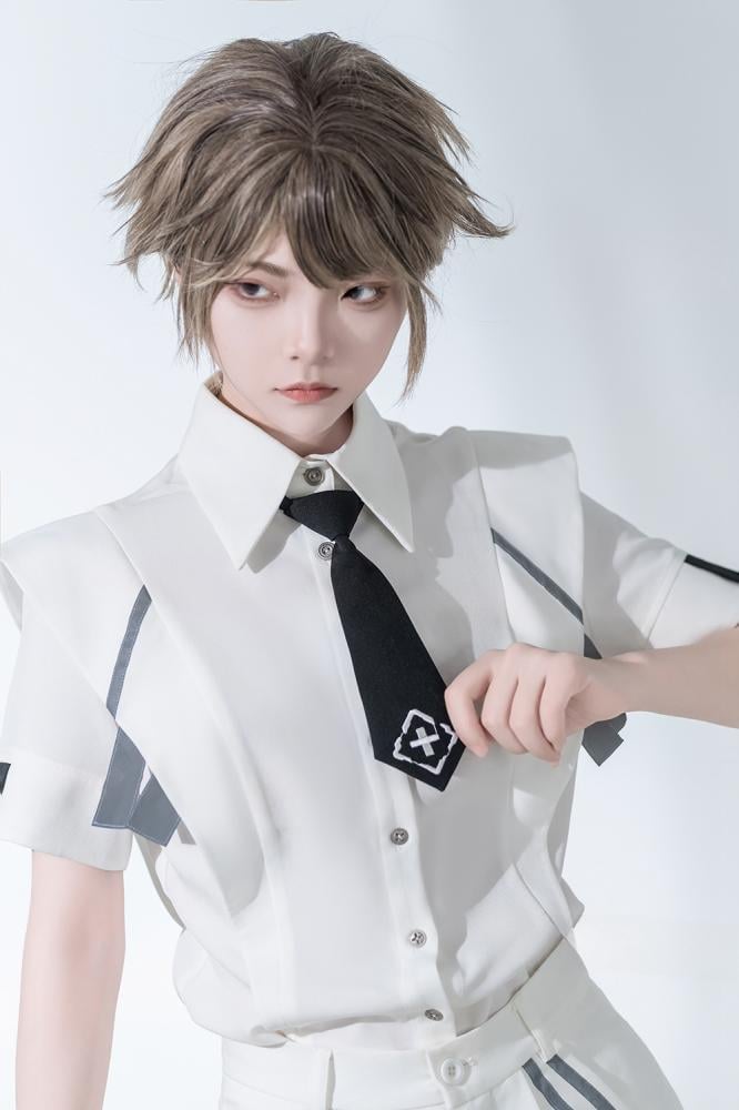 Cyberpunk-Hemd mit weiten Schultern und Krawatte mit Kreuzstickerei