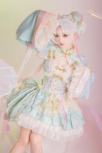 Light Green and Pink Chinoiserie Style Corset Dress Qi Lolita JSK Set