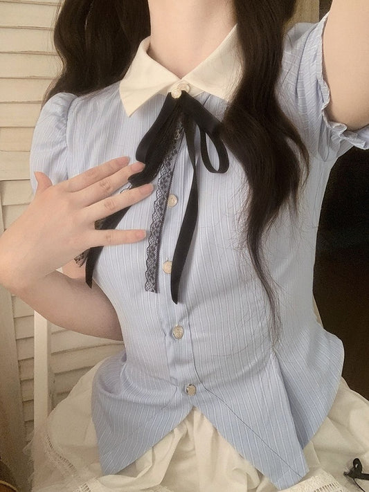 Shirt Puff Sleeves Blue Sweet Striped