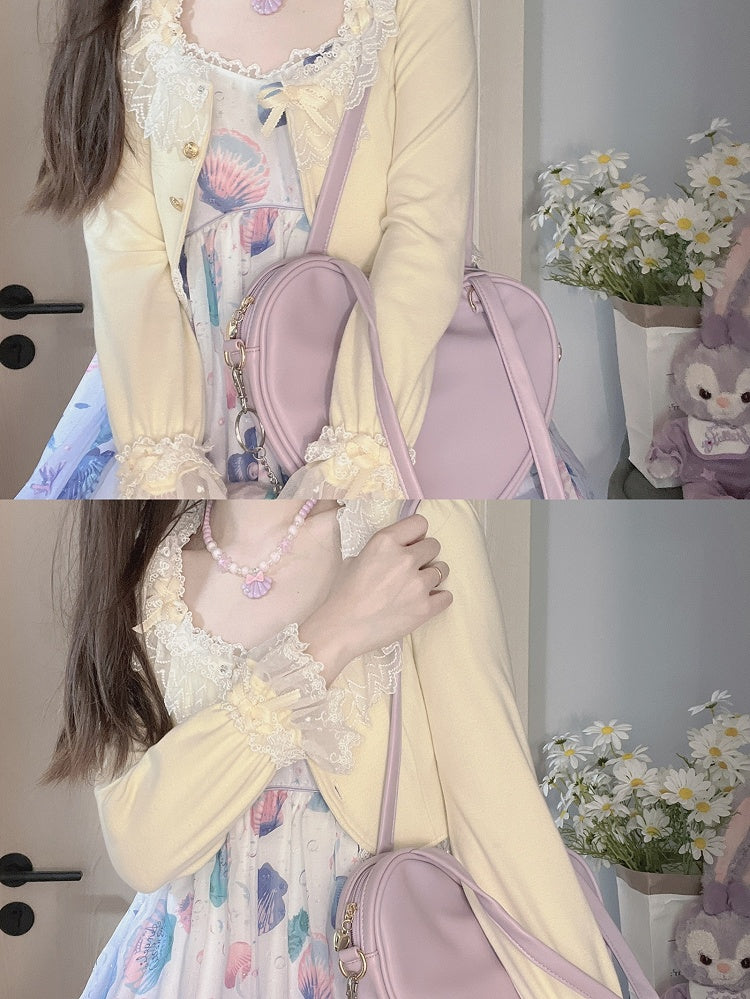 Light with Lace Edging Yellow Cropped Cardigan Triple Bow-Detailed Design