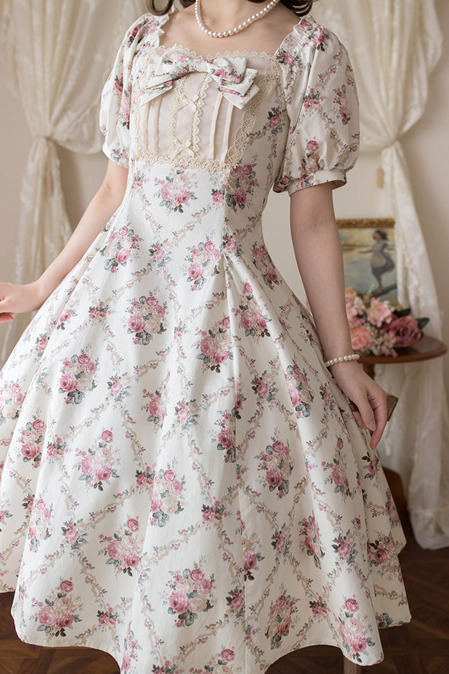 Kleid Square Fashion Print Weißer Ausschnitt Lolita Floral Off Elegant