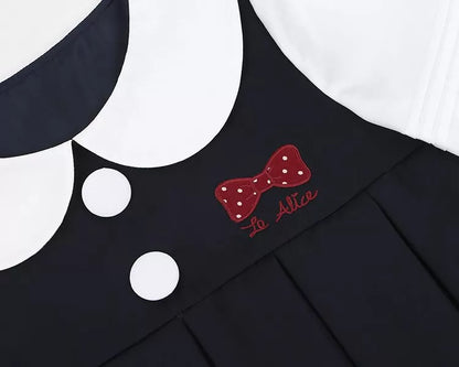 Dark Embroidery Blue Pan Collar Bowknot Peter Dress