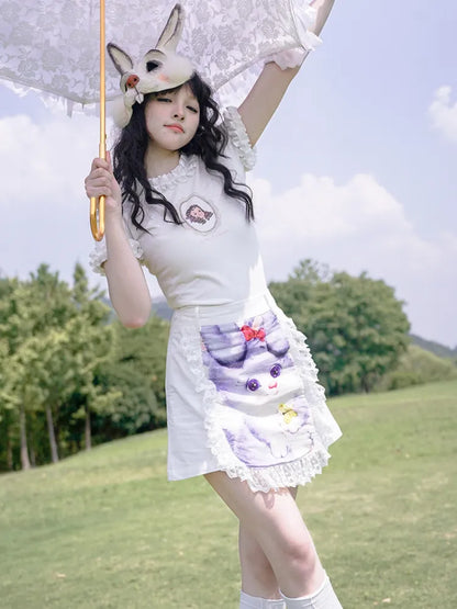 サイズトリム - レース 72CM ウエスト プリント クリアランス ホワイト スカート バニー L