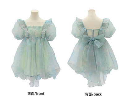 Grünes Kleid mit kurzen/langen Ärmeln und kurzer Schleife und süßer abnehmbarer Version, groß