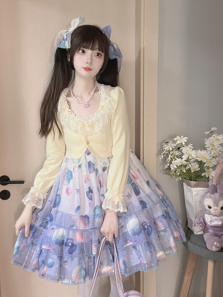 Light with Lace Edging Yellow Cropped Cardigan Triple Bow-Detailed Design