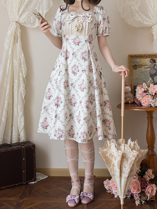 Kleid Square Fashion Print Weißer Ausschnitt Lolita Floral Off Elegant