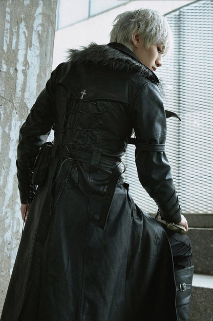 ドラゴンズブレス ブラックフェイクファーカラー PUレザートレンチコート