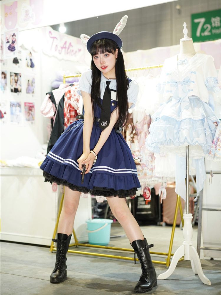 Marineblaues Kleid mit Peter-Pan-Kragen und kurzen Ärmeln, zweiteilig