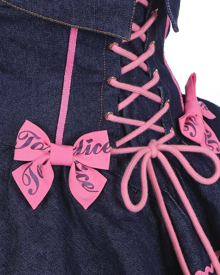 Navy Blue Lace-up Detail Sweet Bow Accents Tiered Skirt Denim Slip Dress