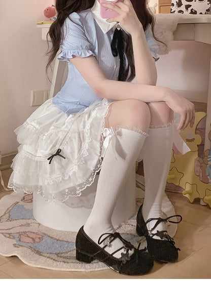 Hemd Puffärmel Blau Süß Gestreift